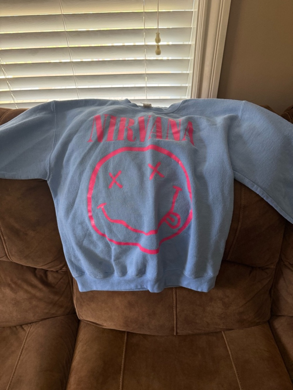 Gildan Light Blue Sweatshirt with Hot Pink Nirvana Graphic